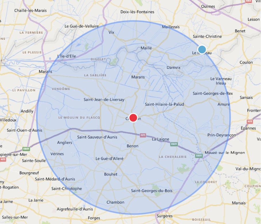 image du secteur couvert par les 15 km autour de Courçon pour les déplacements à domicile.
